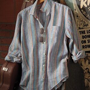 Casual Men's Multicolor Striped Linen Button-Down Shirt
